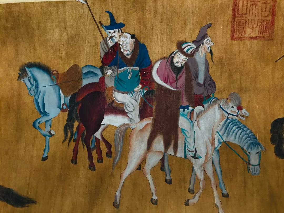 赵孟頫人马长卷，绢本横幅包手绘，画工精湛，磨损自然，包浆厚重，保存完整，收藏佳品Q19