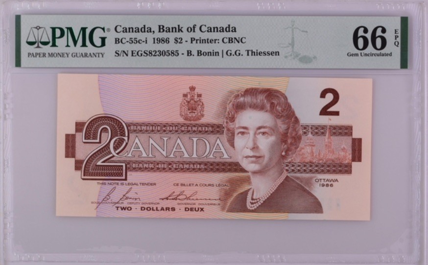 收藏联盟Quantum Auction 第189期中秋拍卖(已更新) 加拿大1986年2元 PMG66