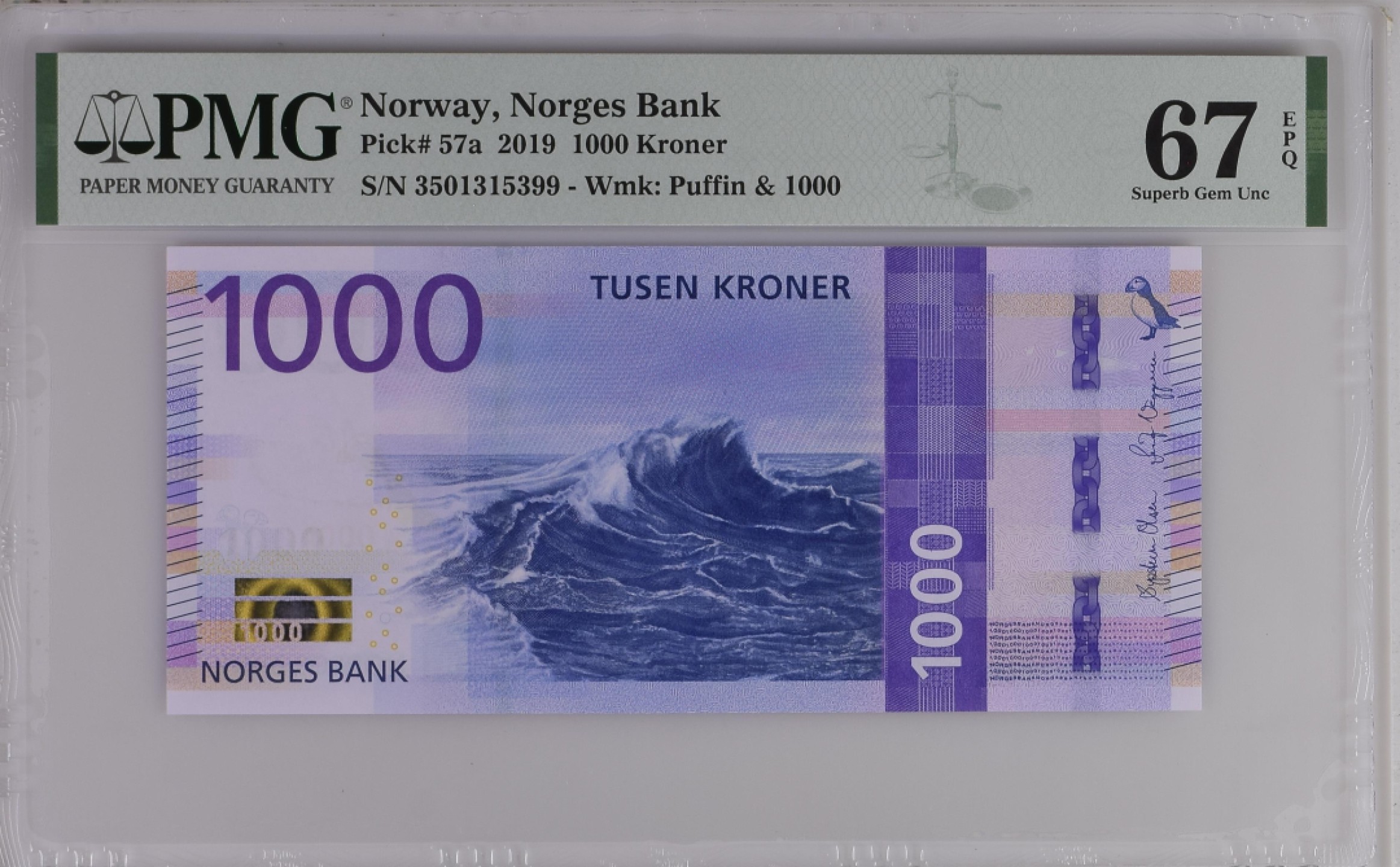 收藏联盟Quantum Auction 第189期中秋拍卖(已更新) 挪威2019年1000克朗 PMG67 首发年份 号码无47