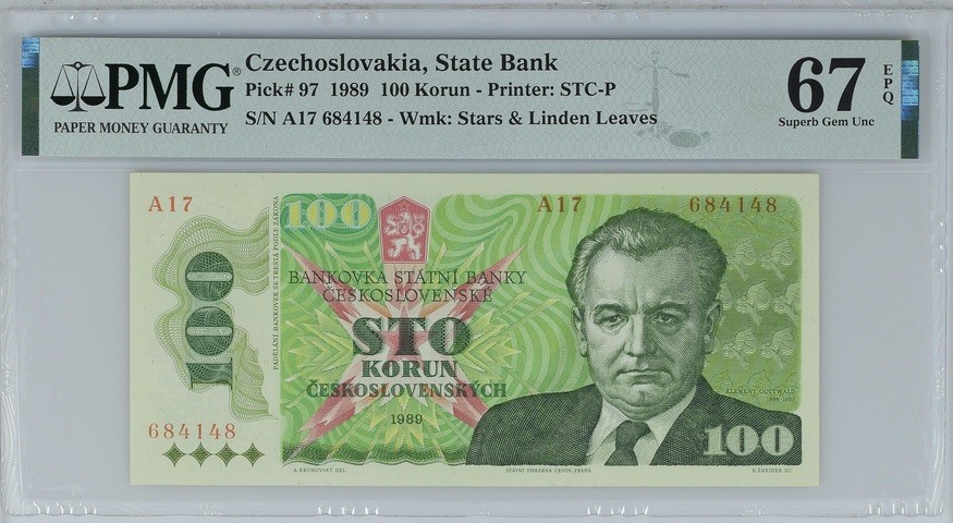 收藏联盟Quantum Auction 第189期中秋拍卖(已更新) 捷克斯洛伐克1989年100克朗 PMG67 布拉格之春 雕版画印刷代表作