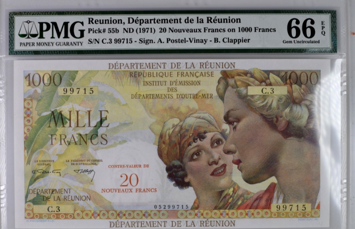 【Blue Auction】✨世界纸币精拍第221期 ——中秋前奏 留尼旺 1971年20新法郎 PMG66EPQ 精美 大票幅