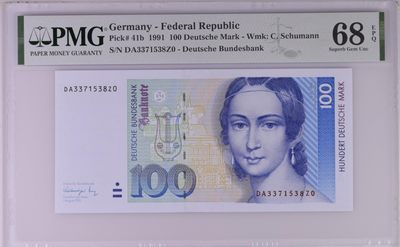 收藏联盟Quantum Auction 第189期中秋拍卖(已更新) - 德国联邦1991你100马克 PMG68 钢琴家克拉拉