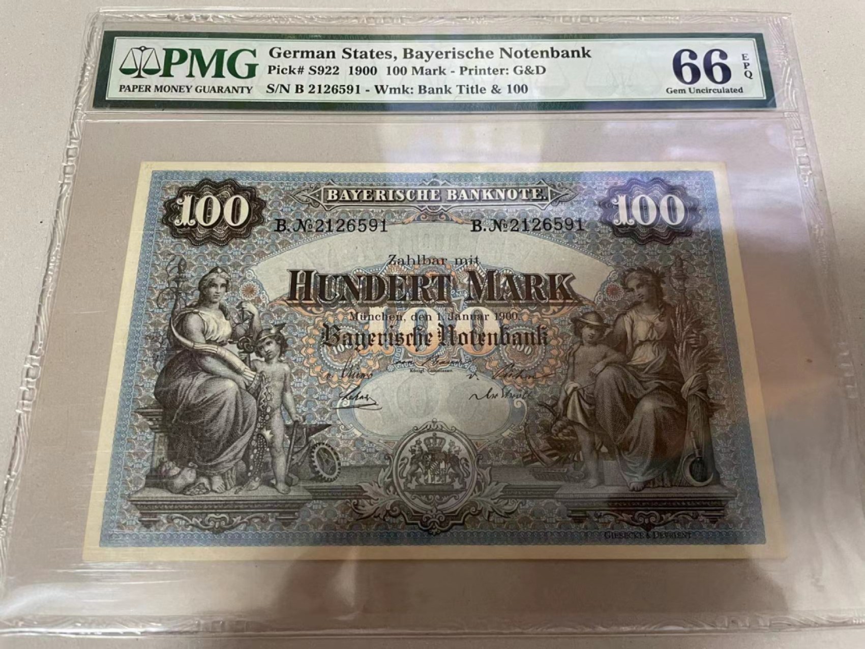 【Blue Auction】✨世界纸币精拍第221期 ——中秋前奏 【亚军分 百年风云 无47】德国 1900年100马克 老捷德出品 PMG66EPQ 雕刻精美