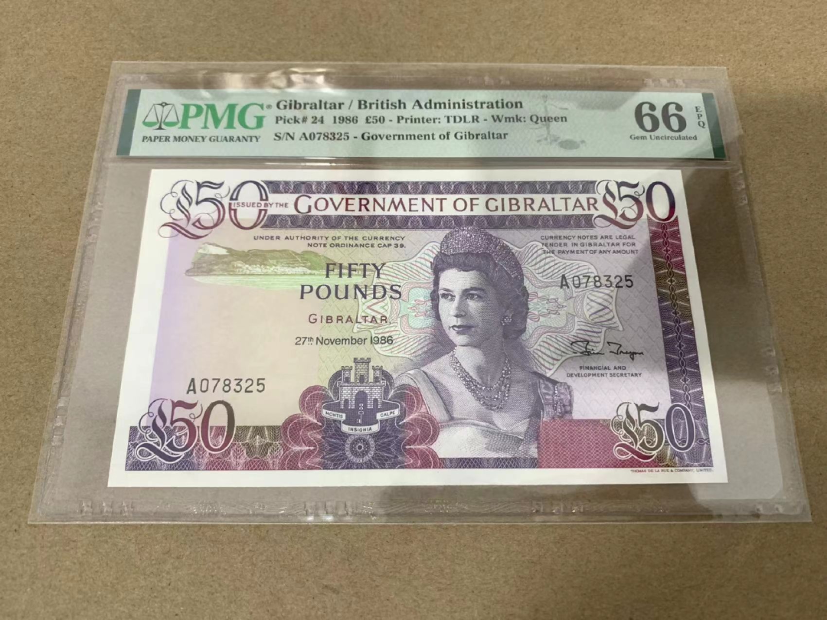 【Blue Auction】✨世界纸币精拍第221期 ——中秋前奏 直布罗陀 1986年50镑 高冠女王 PMG66EPQ 