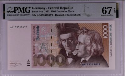 【Blue Auction】✨世界纸币精拍第221期 ——中秋前奏 - 德国 1991年1000马克 PMG67EPQ 高分格林兄弟