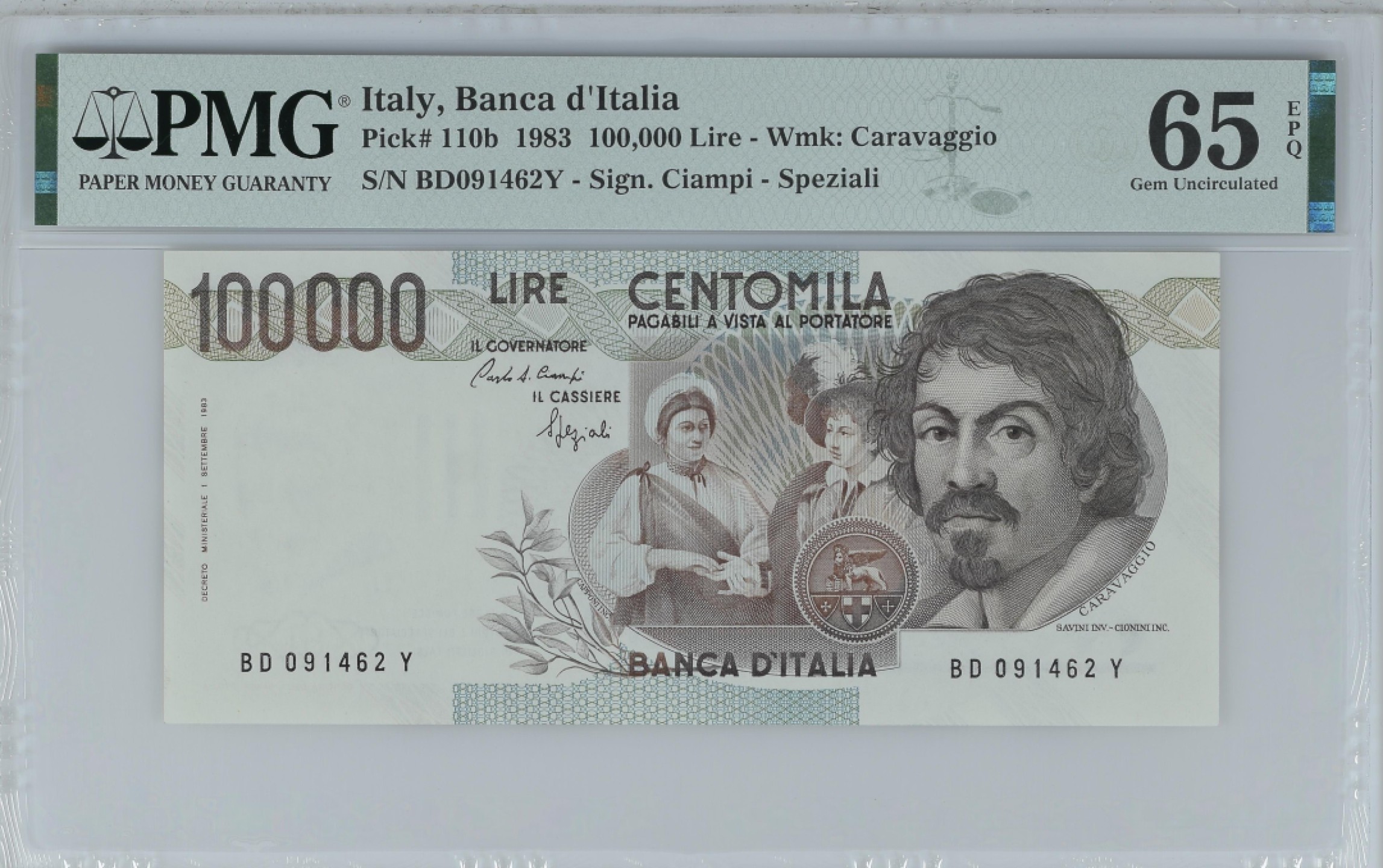 收藏联盟Quantum Auction 第189期中秋拍卖(已更新) 意大利1983年100000里拉 PMG65 双面凹印 画家卡拉瓦乔