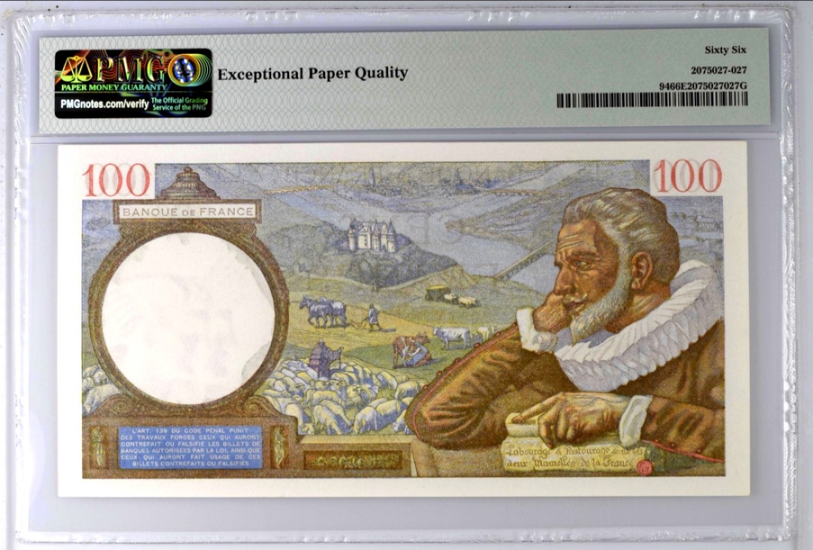 【Blue Auction】✨世界纸币精拍第221期 ——中秋前奏 法国 1939-42年100法郎 PMG66EPQ 街景 
