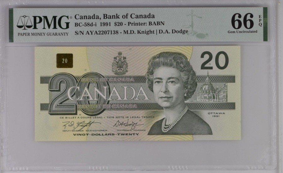 收藏联盟Quantum Auction 第189期中秋拍卖(已更新) 加拿大1986年20元 PMG66