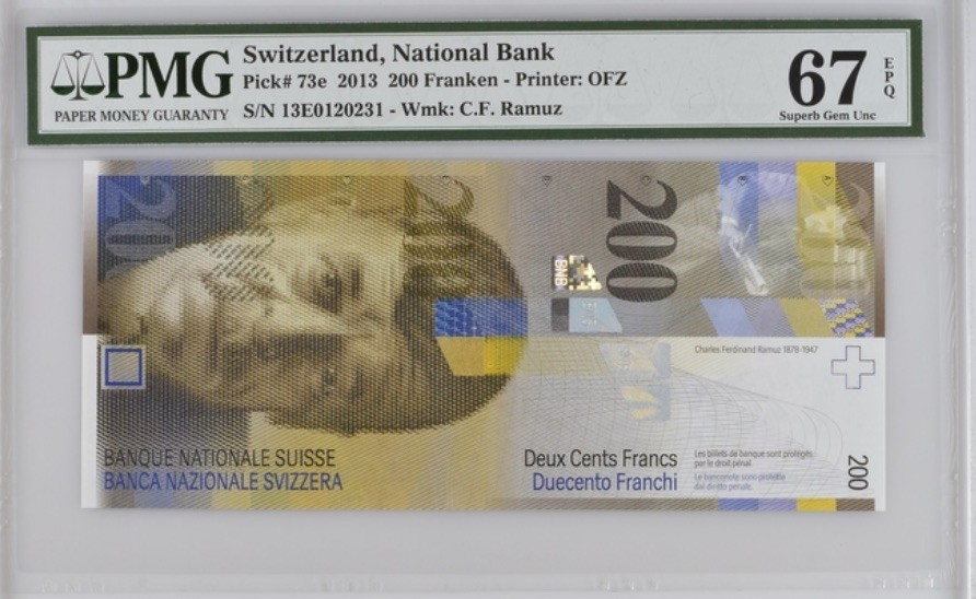 收藏联盟Quantum Auction 第189期中秋拍卖(已更新) 瑞士2013年200法郎 PMG67  0123趣味组合号
