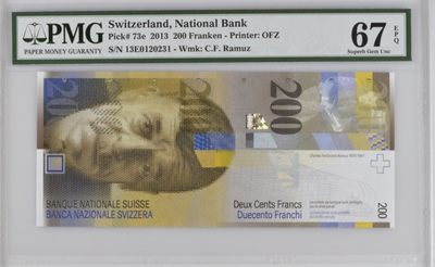 收藏联盟Quantum Auction 第189期中秋拍卖(已更新) - 瑞士2013年200法郎 PMG67  0123趣味组合号