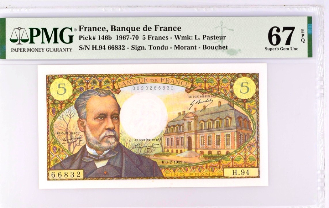 【Blue Auction】✨世界纸币精拍第221期 ——中秋前奏 【无47】法国 1967-70年5法郎 巴斯德 PMG67EPQ 高分