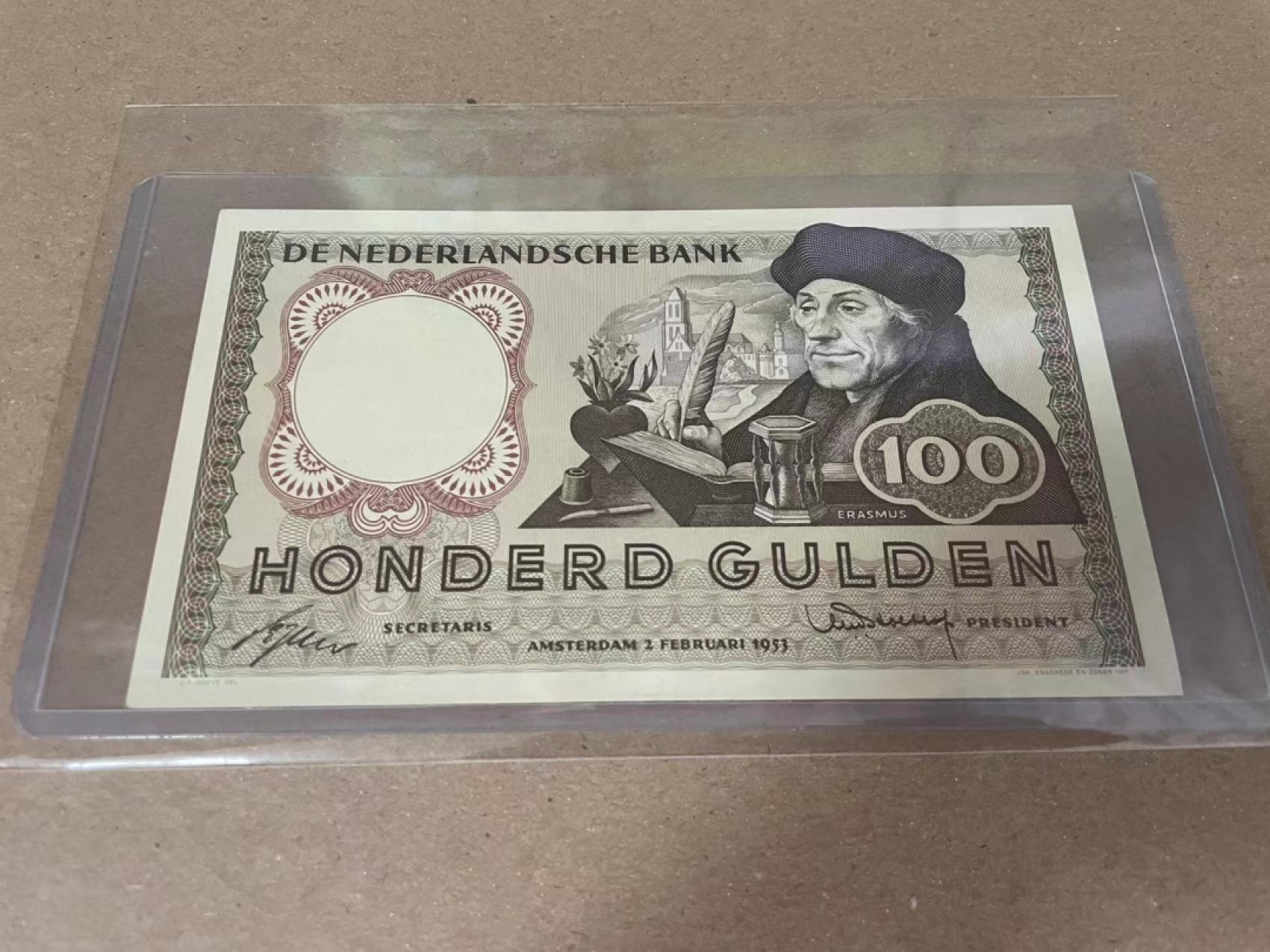 【Blue Auction】✨世界纸币精拍第221期 ——中秋前奏  荷兰 1953年100盾 伊拉斯莫 UNC- 角不太好