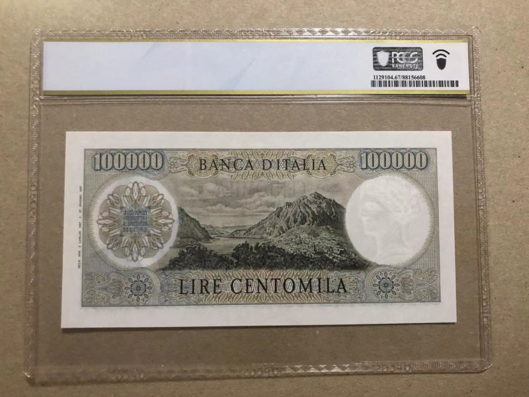 【Blue Auction】✨世界纸币精拍第221期 ——中秋前奏 【初版】意大利 1967年10万里拉 p100a PCGS67EPQ高分 顶级人物雕刻曼左尼