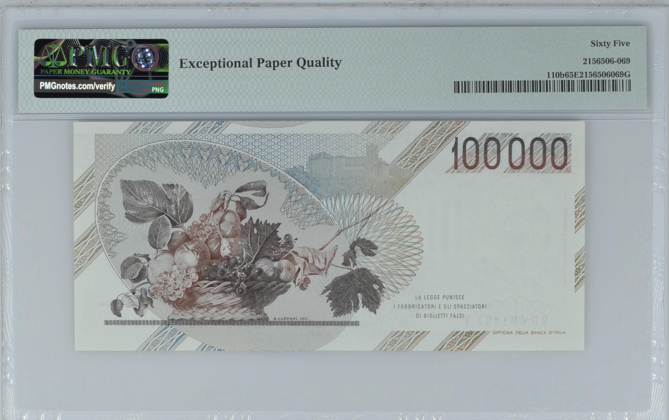 收藏联盟Quantum Auction 第189期中秋拍卖(已更新) 意大利1983年100000里拉 PMG65 双面凹印 画家卡拉瓦乔