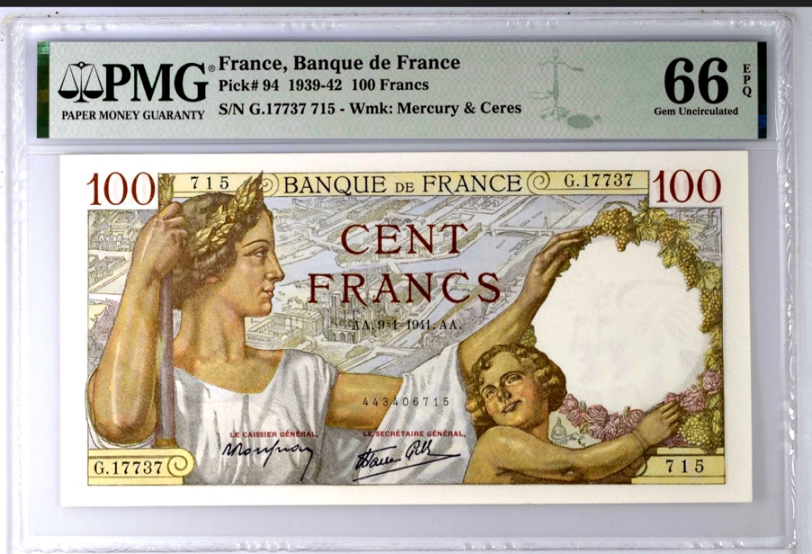 【Blue Auction】✨世界纸币精拍第221期 ——中秋前奏 法国 1939-42年100法郎 PMG66EPQ 街景 