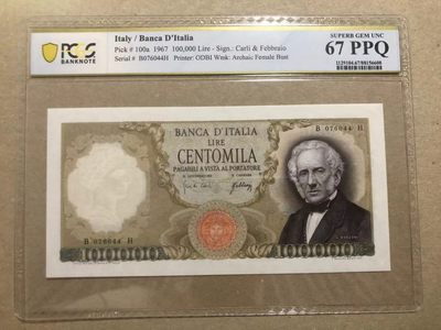【Blue Auction】✨世界纸币精拍第221期 ——中秋前奏 - 【初版】意大利 1967年10万里拉 p100a PCGS67EPQ高分 顶级人物雕刻曼左尼