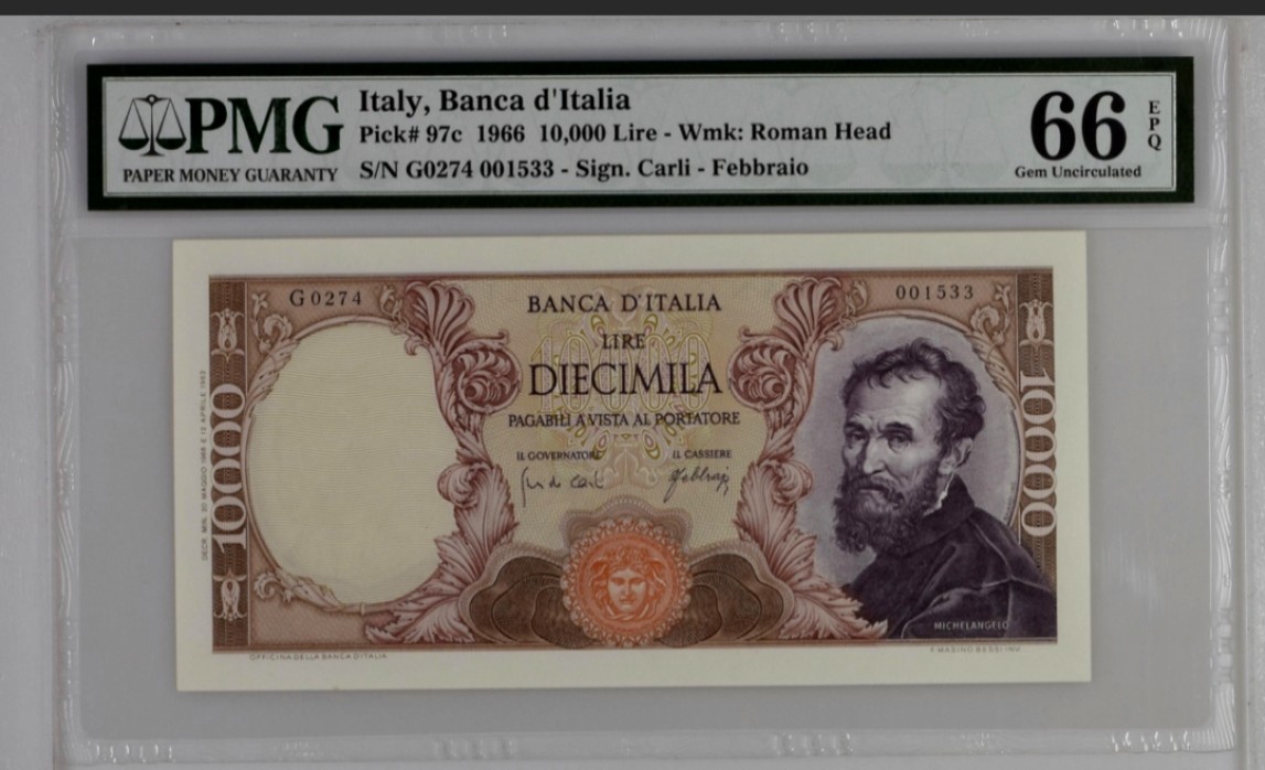 【Blue Auction】✨世界纸币精拍第221期 ——中秋前奏 【1533千位号】意大利 1966年10000里拉 PMG66EPQ 米开朗基罗 