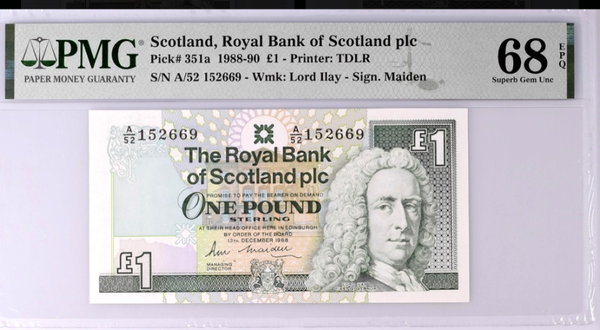 【Blue Auction】✨世界纸币精拍第221期 ——中秋前奏 【无47 冠军分】苏格兰 1988-90年1镑 PMG68EPQ 高分