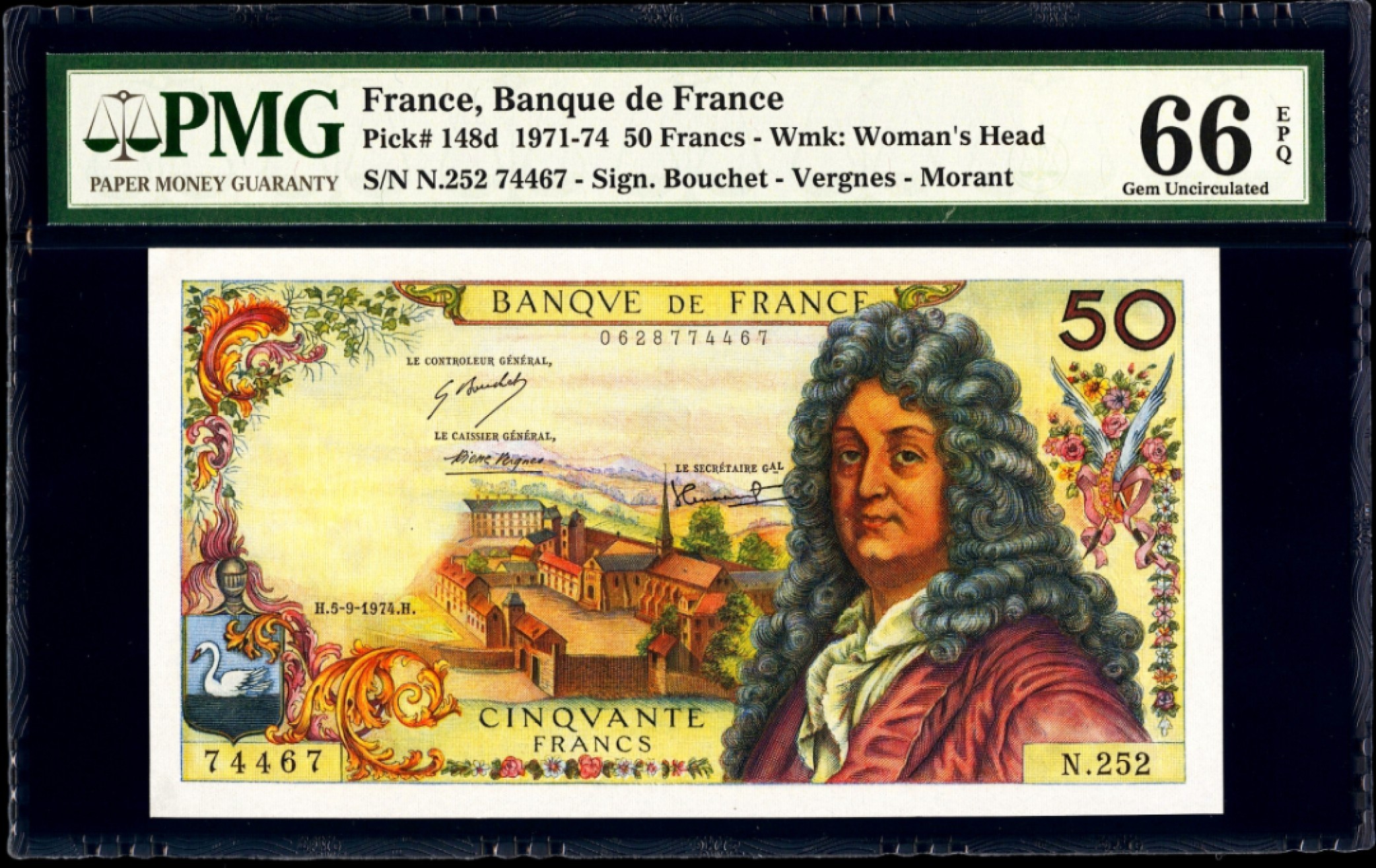 【Blue Auction】✨世界纸币精拍第221期 ——中秋前奏 法国 1971-74年50法郎 经典拉辛 PMG66EPQ 绝品 精美