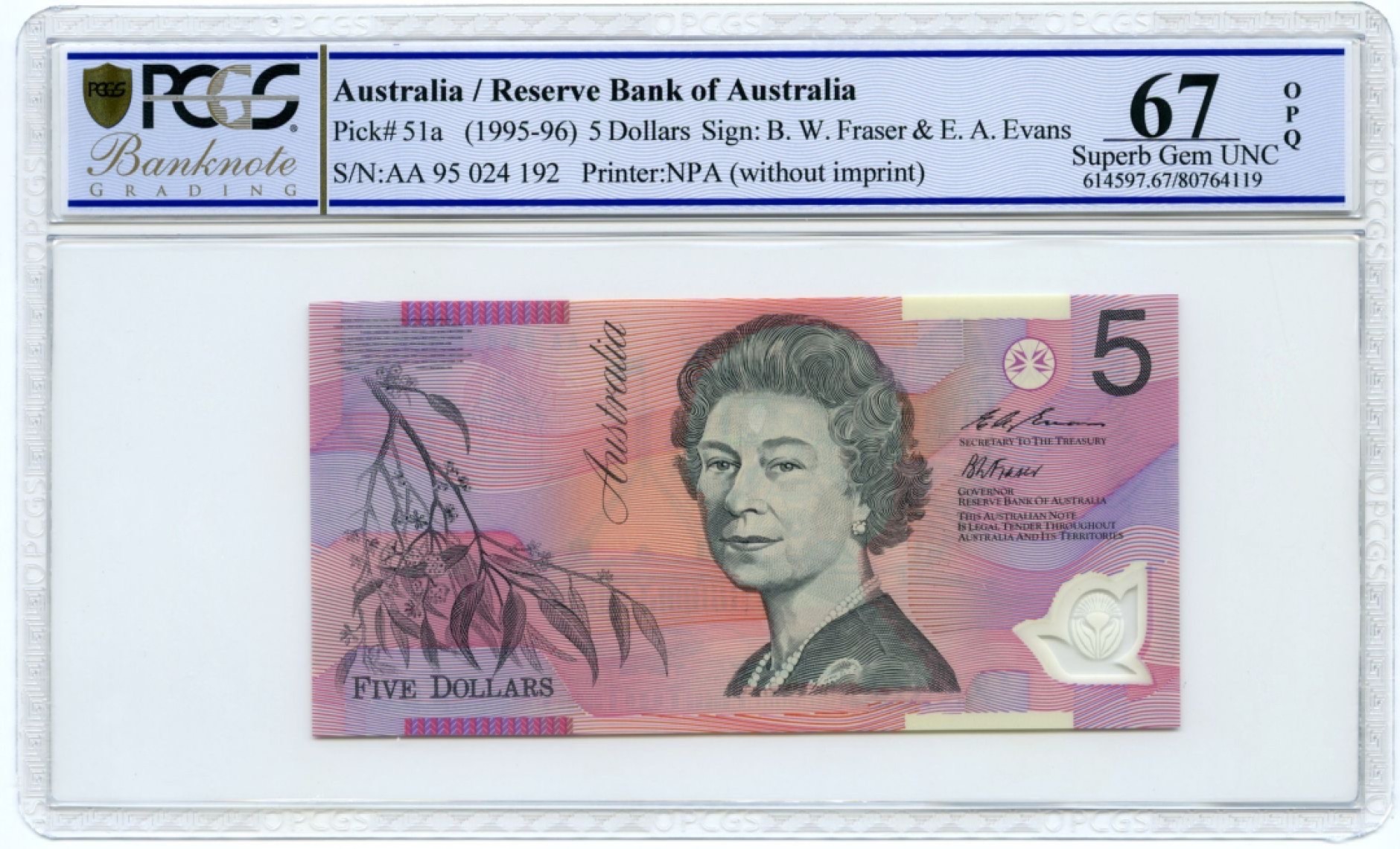 收藏联盟Quantum Auction 第189期中秋拍卖(已更新) 澳大利亚1995-1996年5元 PCGS67 AA冠