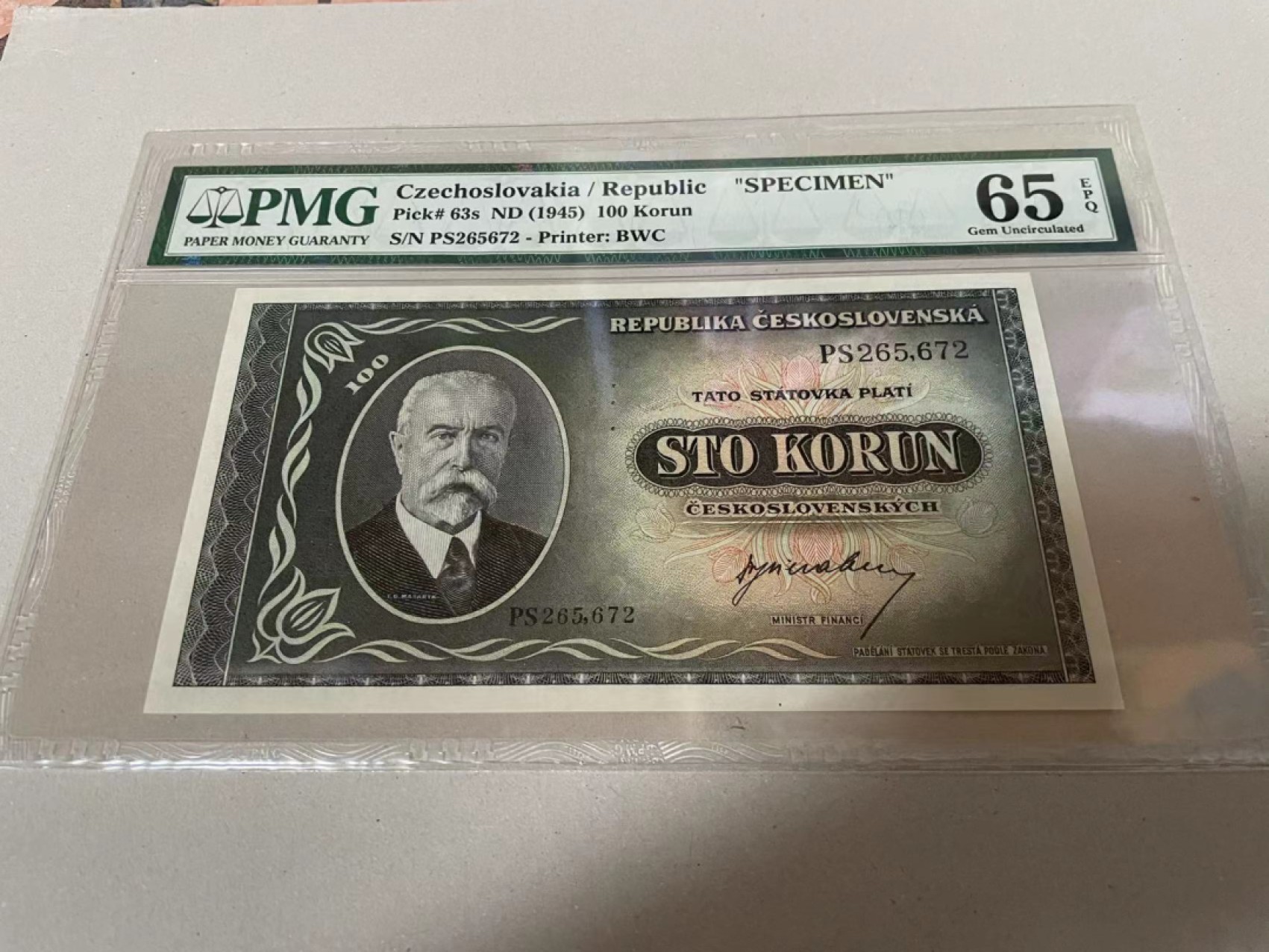 【Blue Auction】✨世界纸币精拍第221期 ——中秋前奏 捷斯 1945年100克朗 PMG65EPQ 样钞 雕刻精美