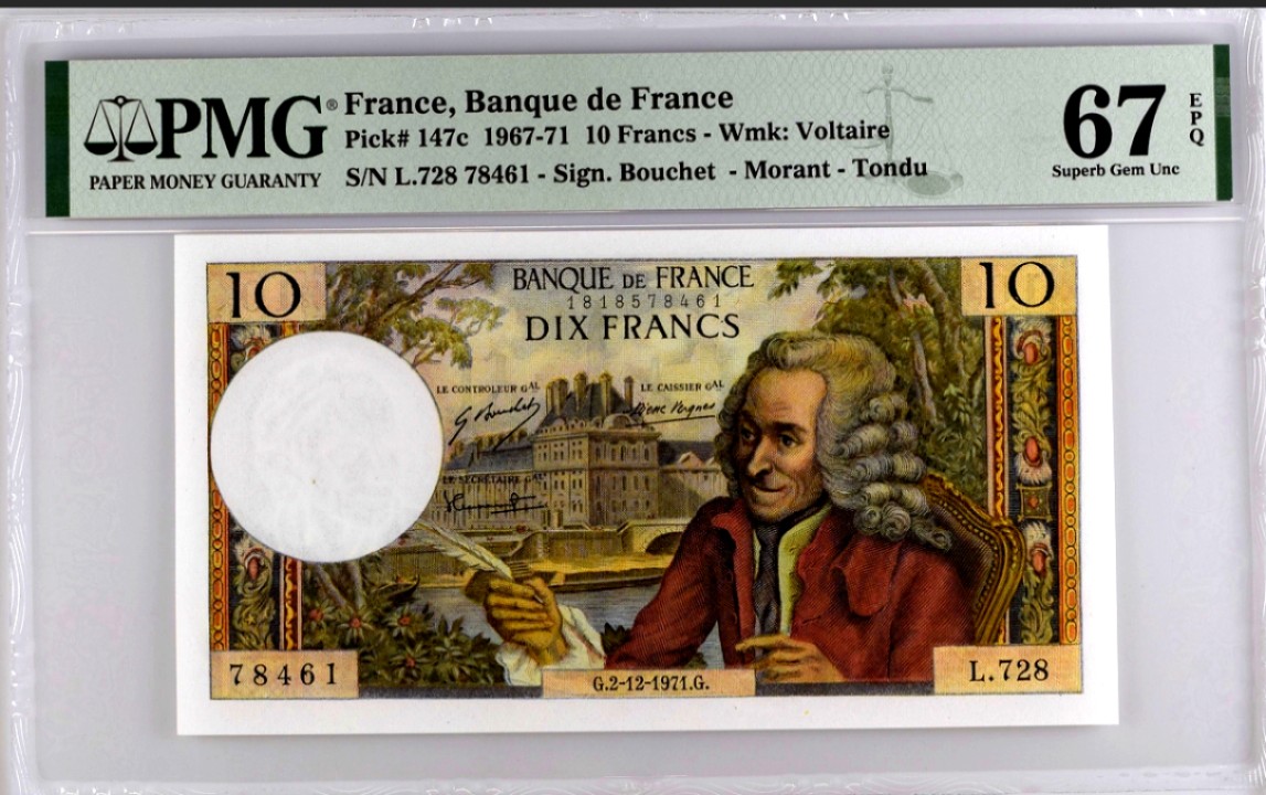 【Blue Auction】✨世界纸币精拍第221期 ——中秋前奏 【仅1张更高分】法国 1971年10法郎 伏尔泰 PMG67EPQ 高分