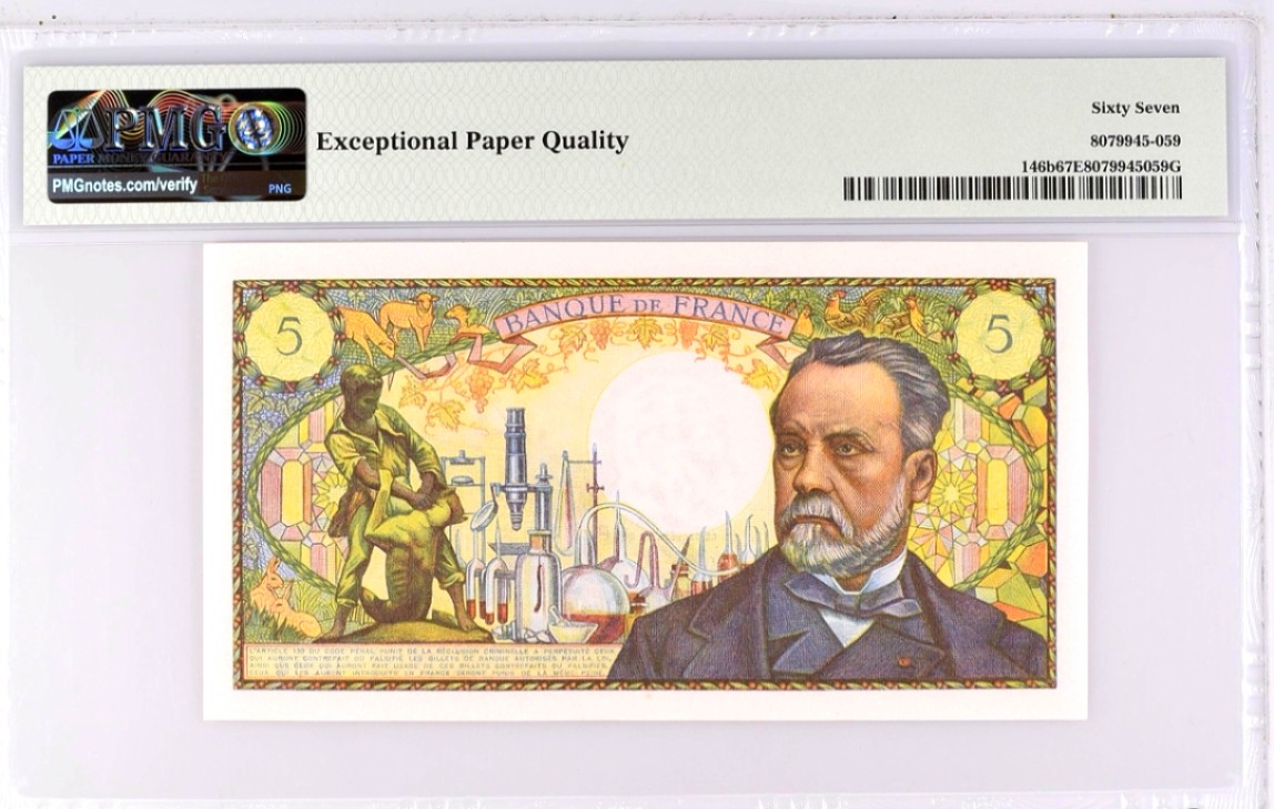 【Blue Auction】✨世界纸币精拍第221期 ——中秋前奏 【无47】法国 1967-70年5法郎 巴斯德 PMG67EPQ 高分