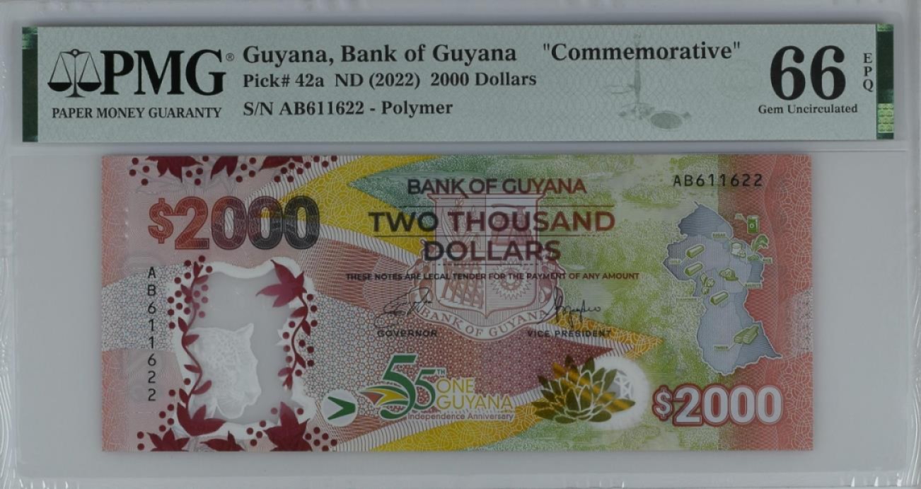 【Blue Auction】✨世界纸币精拍第221期 ——中秋前奏 【趣味号611622】圭亚那2022年2000元PMG66EPQ纪念钞