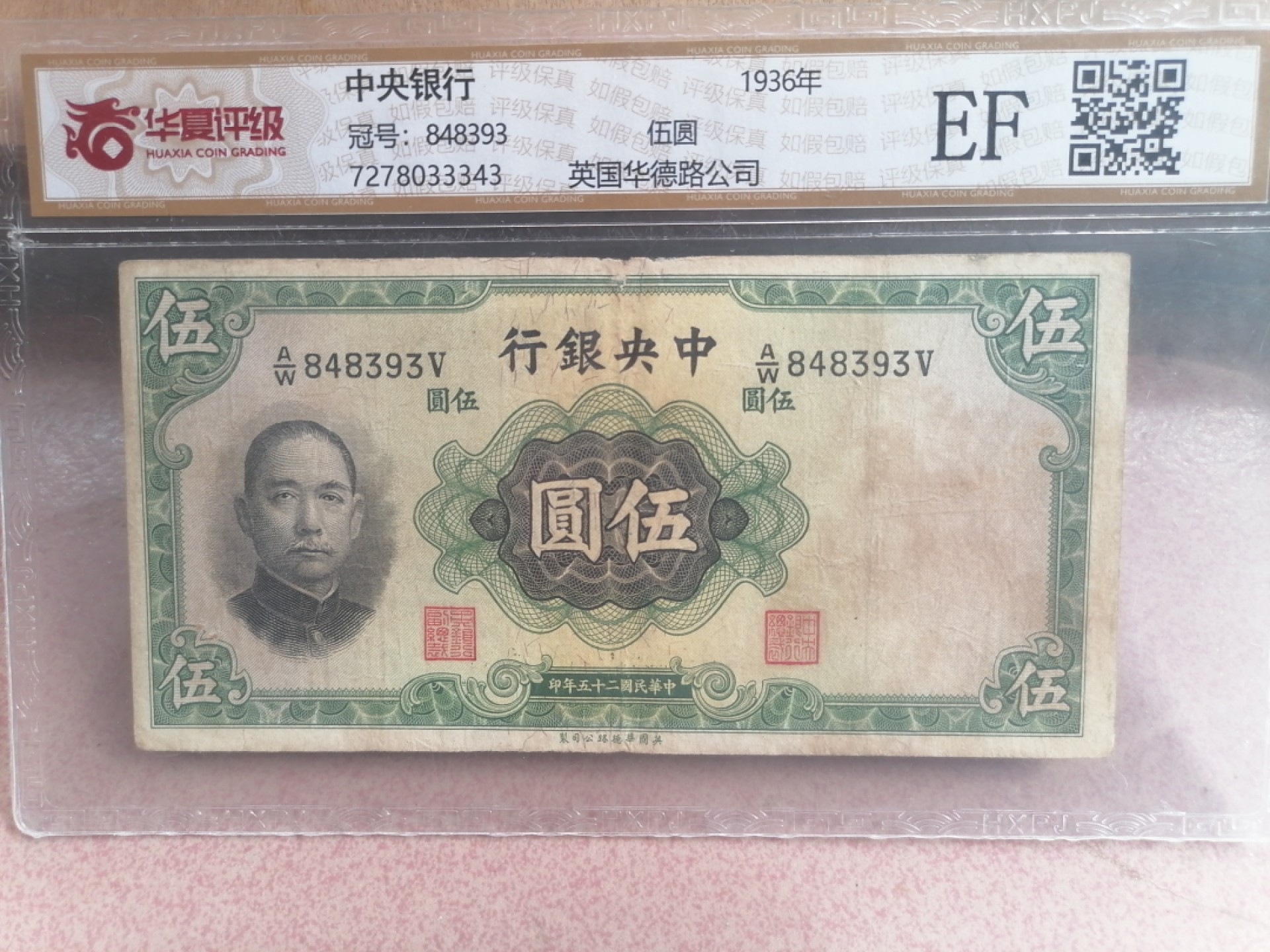 纸币硬币专场（永久保真，支持鉴定） 36年中央银行伍圆（英国华德路公司）