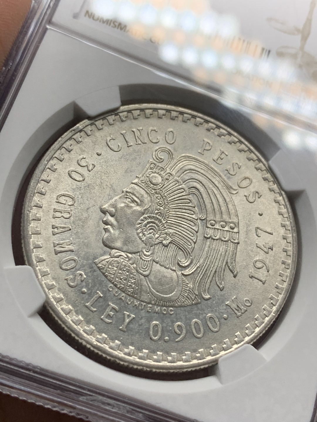 《竞宝斋》第93场-本周日，周一2场连拍（全场不限金额包邮） NGC-MS62 墨西哥1947年 印第安人头像 5比索大银币 原光好品