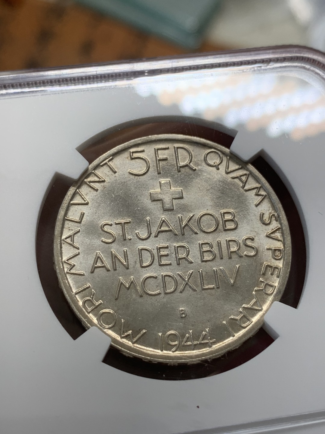 《竞宝斋》第93场-本周日，周一2场连拍（全场不限金额包邮） NGC-MS65 瑞士1944年圣雅各布战役500周年5法郎银币 少见高分