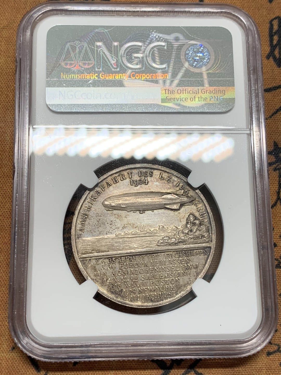 《竞宝斋》第93场-本周日，周一2场连拍（全场不限金额包邮） NGC MS62 1924年 德国 齐柏林飞艇 纪念银章