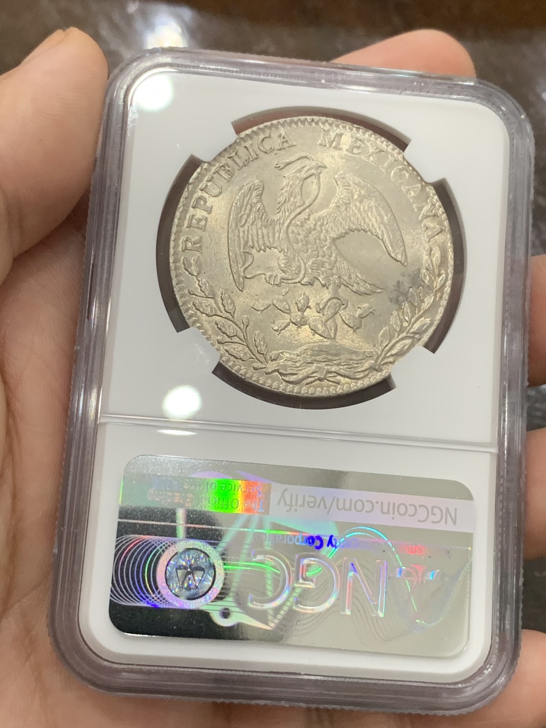 《竞宝斋》第93场-本周日，周一2场连拍（全场不限金额包邮） NGC MS62  墨西哥 1884年GO 版 8R 鹰洋 大银币 状态细节都很好 羽毛全