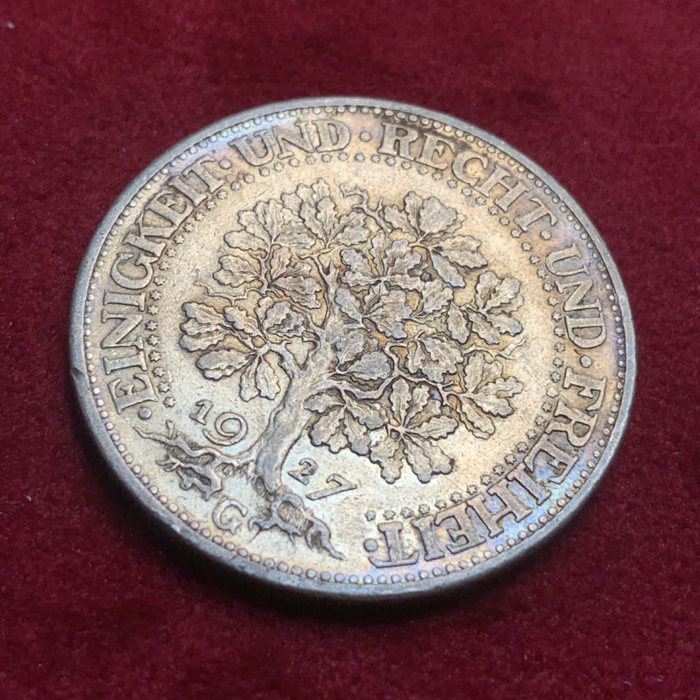 《竞宝斋》第93场-本周日，周一2场连拍（全场不限金额包邮） 1927年魏玛德国橡树5马克银币，金色包浆，魏玛时期主币。