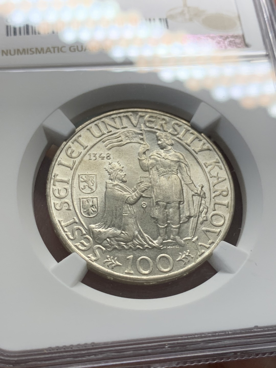 《竞宝斋》第93场-本周日，周一2场连拍（全场不限金额包邮） NGC-MS65 捷克斯洛伐克1948年查理大学600周年100克朗银币