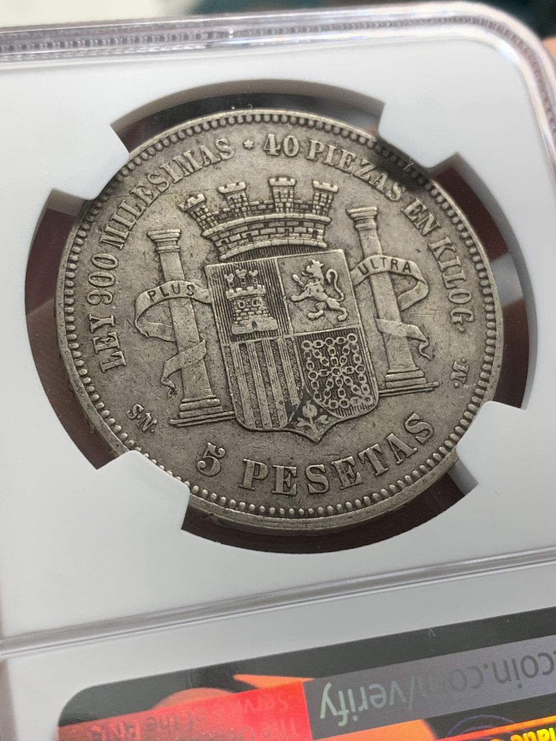 《竞宝斋》第93场-本周日，周一2场连拍（全场不限金额包邮） NGC XF40 西班牙 1870年 拿花女神5比塞塔双柱银币 老包浆原状态 
