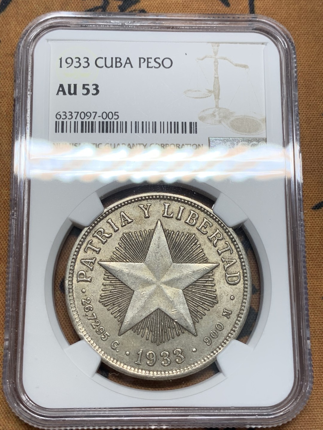 《竞宝斋》第93场-本周日，周一2场连拍（全场不限金额包邮） NGC-AU53 古巴1933年 大五星1比索 银币 卖完没了