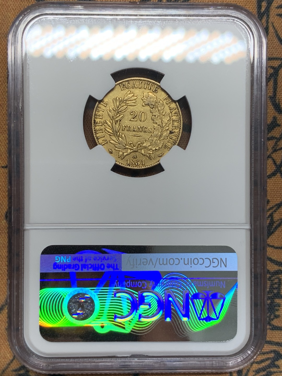 《竞宝斋》第93场-本周日，周一2场连拍（全场不限金额包邮） NGC-AU55 法国1851年 谷物女神 20法郎金币 银币见多了 谷物女神金币就少了