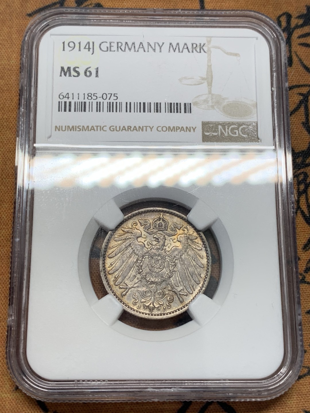 《竞宝斋》第93场-本周日，周一2场连拍（全场不限金额包邮） NGC-MS61 德国   1914年 1马克 长翅 银币 j版