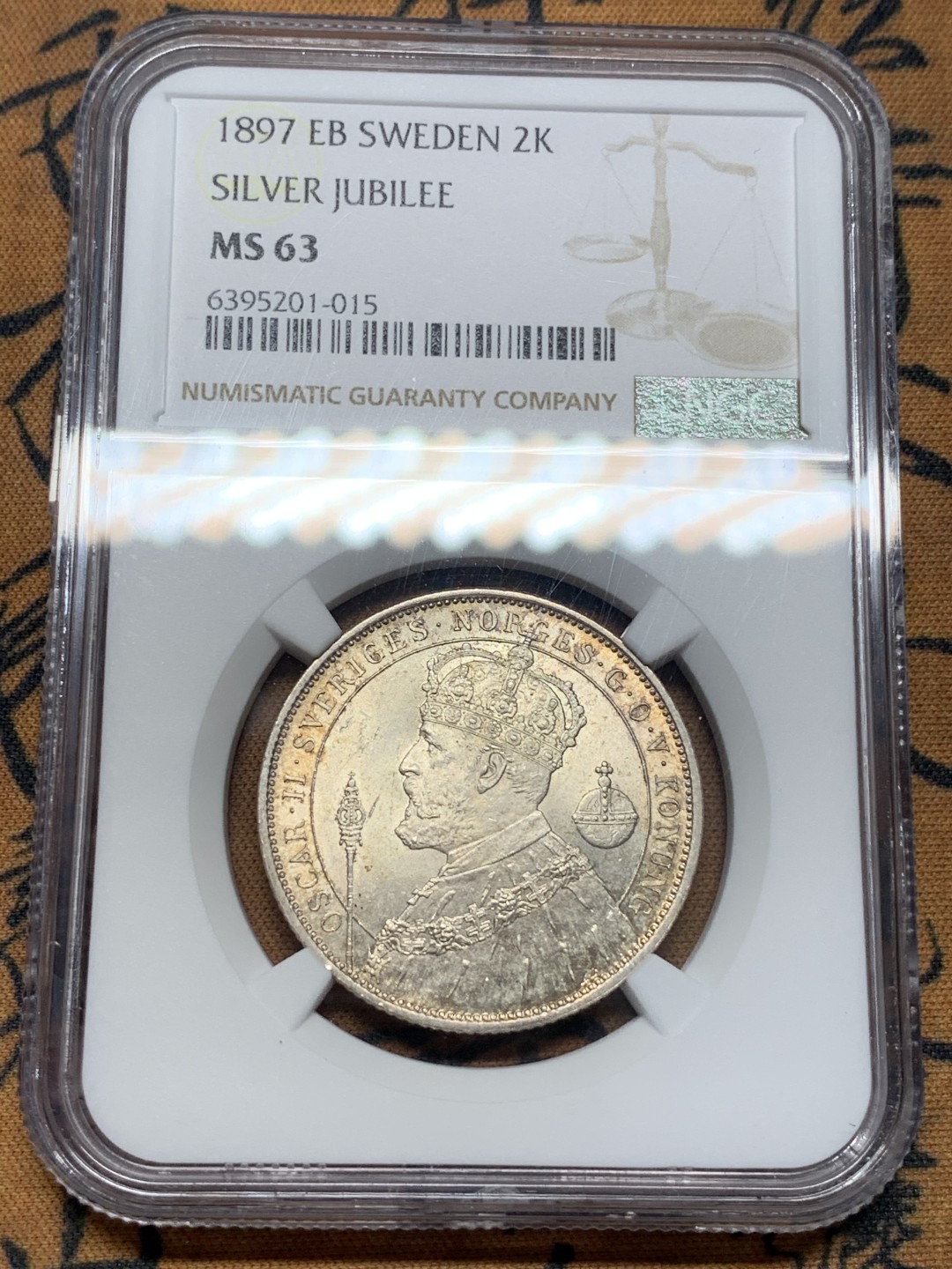 《竞宝斋》第93场-本周日，周一2场连拍（全场不限金额包邮） NGC-MS63 瑞典1897年 加冕纪念 2克朗银币 淡彩原光好品