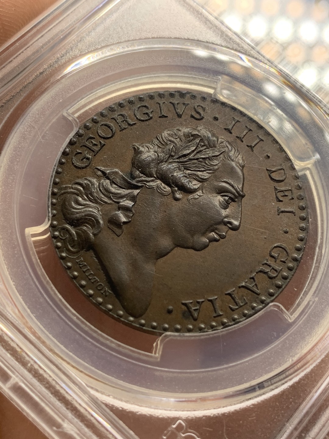 《竞宝斋》第93场-本周日，周一2场连拍（全场不限金额包邮） NGC-MS65 1797 英国高分乔治三世1便士代币 接近精制工艺