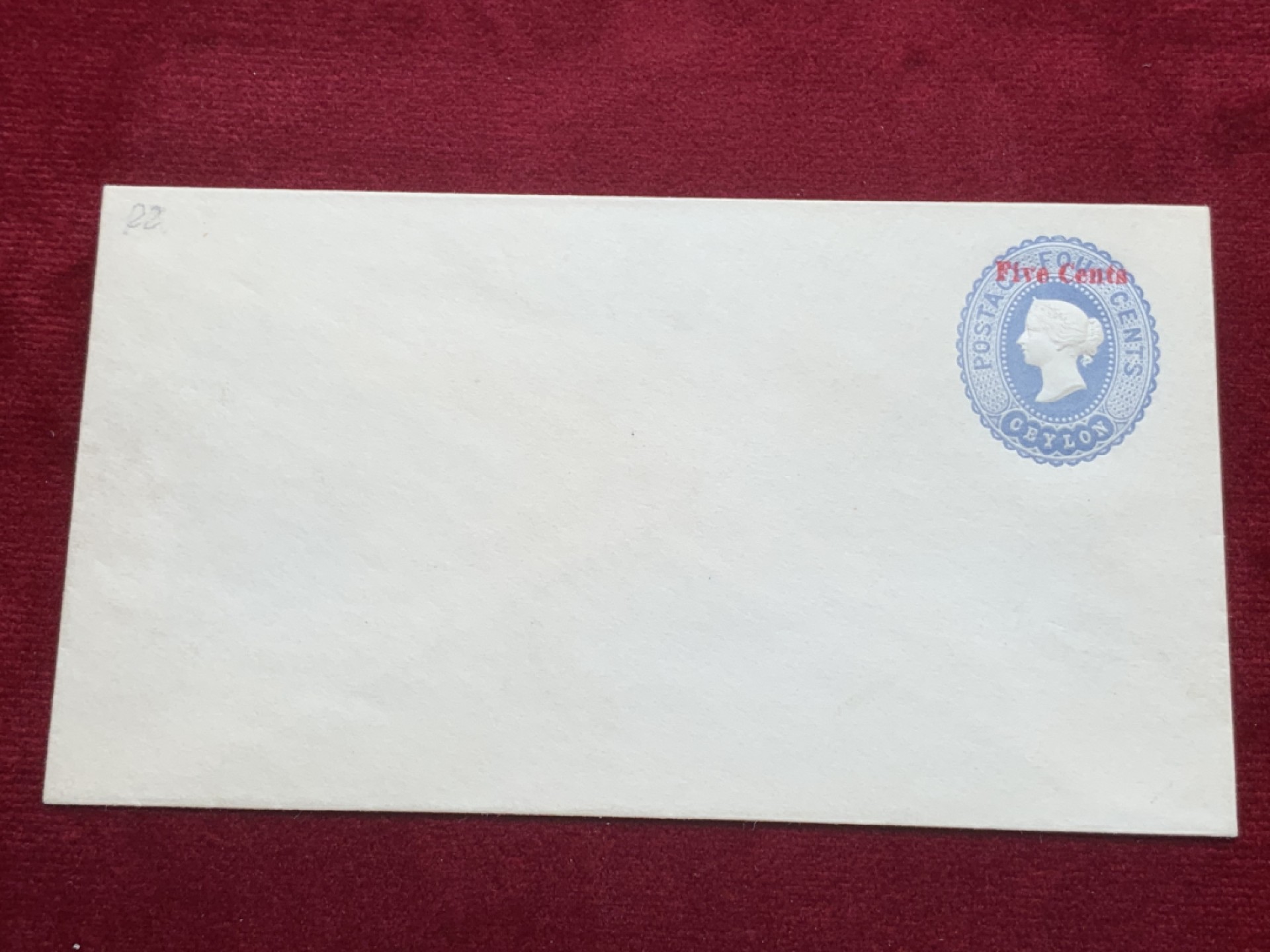 《竞宝斋》第93场-本周日，周一2场连拍（全场不限金额包邮） 锡兰 1885年 古典邮资封，压凸维多利亚女王海峡铜币同款头像 压印起伏大，非常漂亮  4 cents改值5 cents