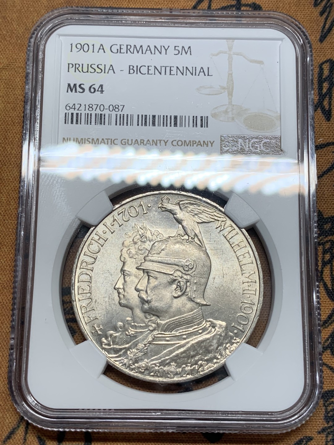 《竞宝斋》第93场-本周日，周一2场连拍（全场不限金额包邮） NGC-MS64 德国普鲁士1901年建国200周年纪念5马克大银币