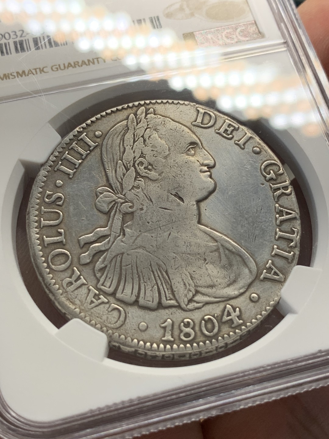《竞宝斋》第93场-本周日，周一2场连拍（全场不限金额包邮） NGC VF 墨西哥 1804年 卡四 双柱 8R 大银币 满满的岁月痕迹