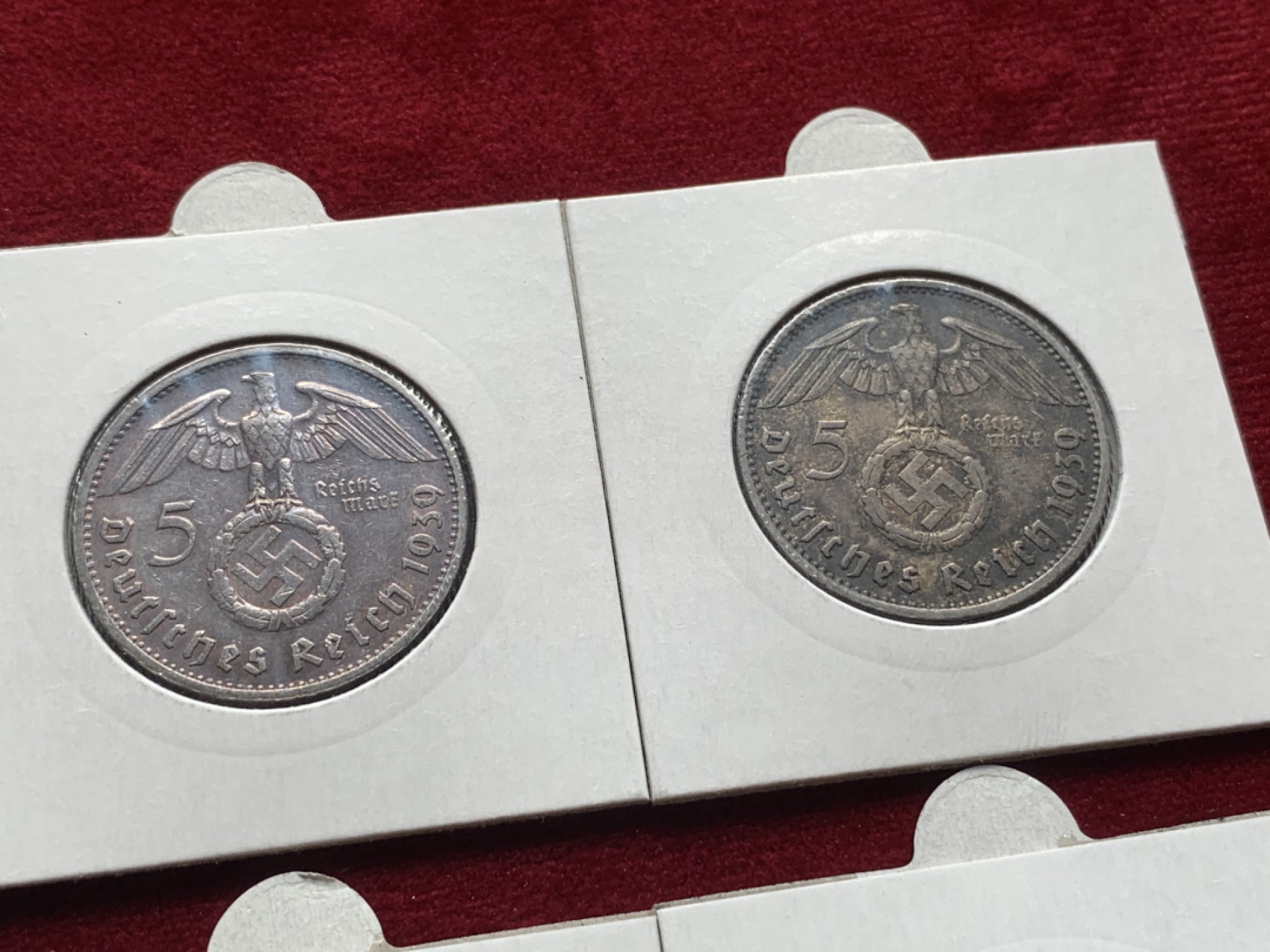 《竞宝斋》第93场-本周日，周一2场连拍（全场不限金额包邮） 兴登堡  1939年5马克银币 ADEFGJ六厂，E、F、G厂非常少见品 裸币，灯塔纸夹