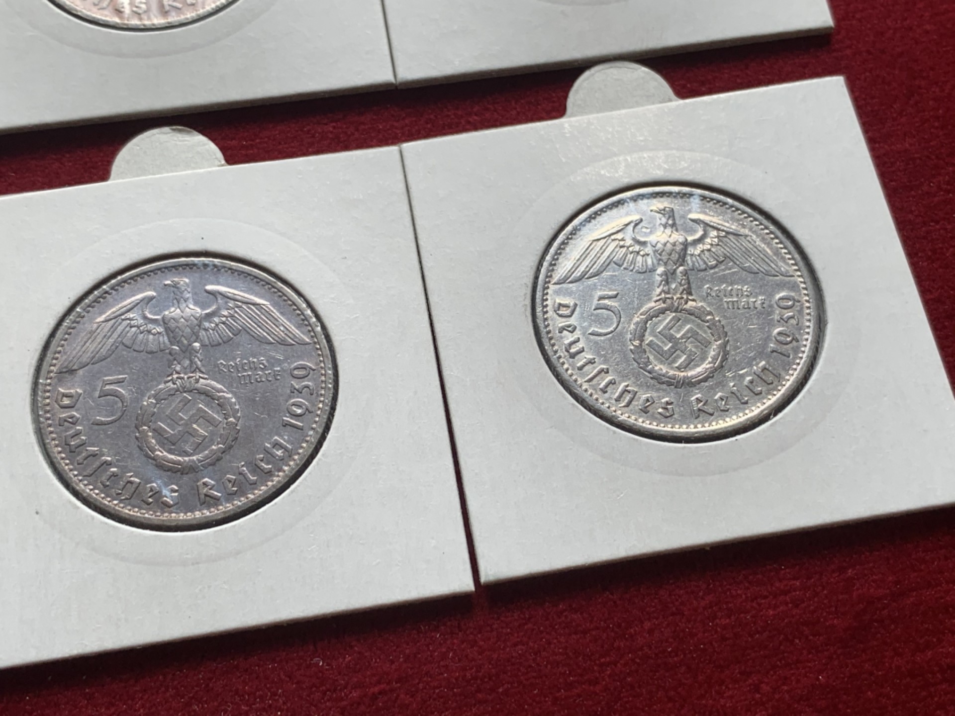 《竞宝斋》第93场-本周日，周一2场连拍（全场不限金额包邮） 兴登堡  1939年5马克银币 ADEFGJ六厂，E、F、G厂非常少见品 裸币，灯塔纸夹