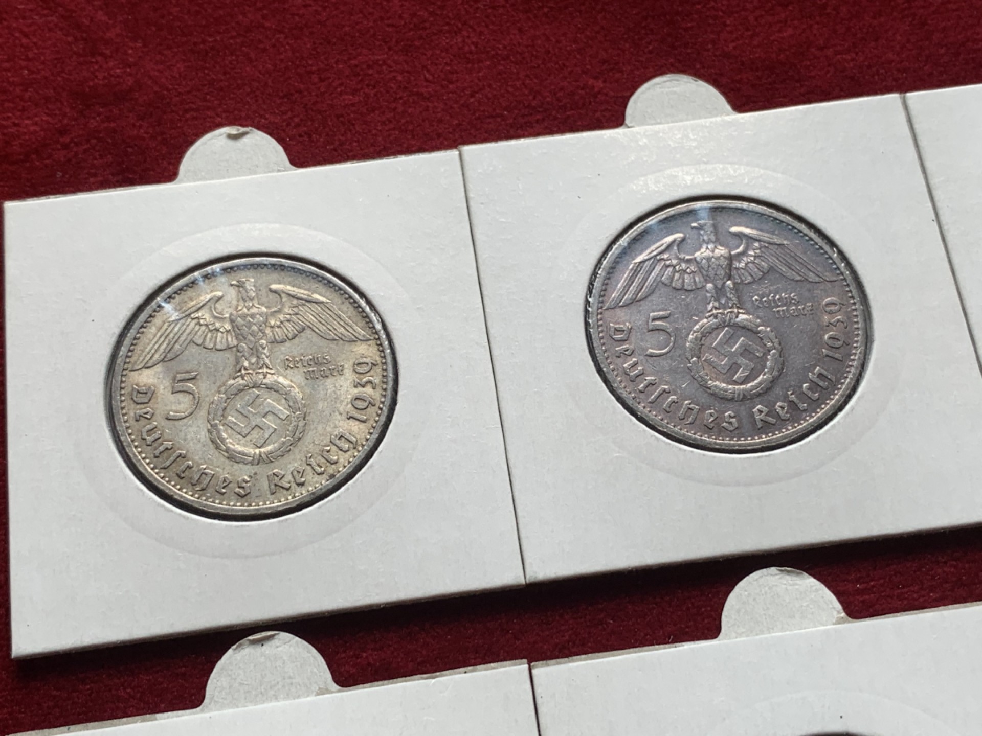 《竞宝斋》第93场-本周日，周一2场连拍（全场不限金额包邮） 兴登堡  1939年5马克银币 ADEFGJ六厂，E、F、G厂非常少见品 裸币，灯塔纸夹