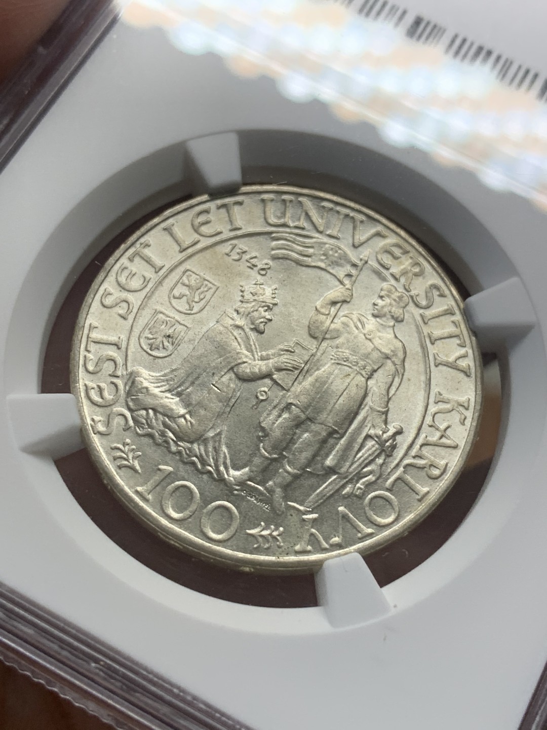 《竞宝斋》第93场-本周日，周一2场连拍（全场不限金额包邮） NGC-MS65 捷克斯洛伐克1948年查理大学600周年100克朗银币