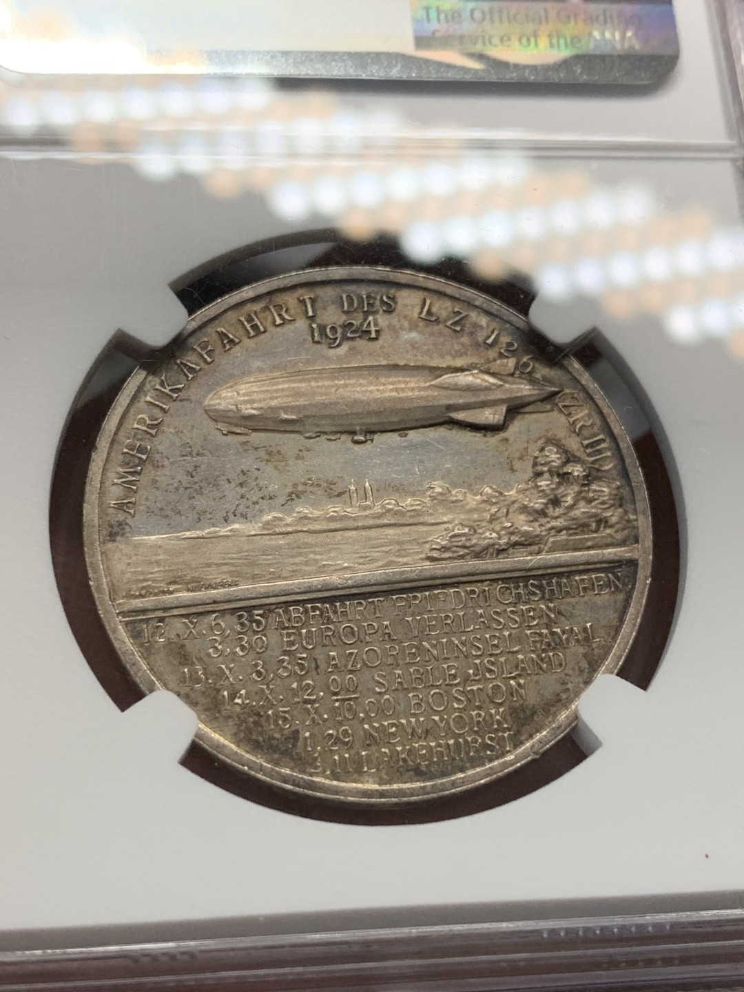 《竞宝斋》第93场-本周日，周一2场连拍（全场不限金额包邮） NGC MS62 1924年 德国 齐柏林飞艇 纪念银章