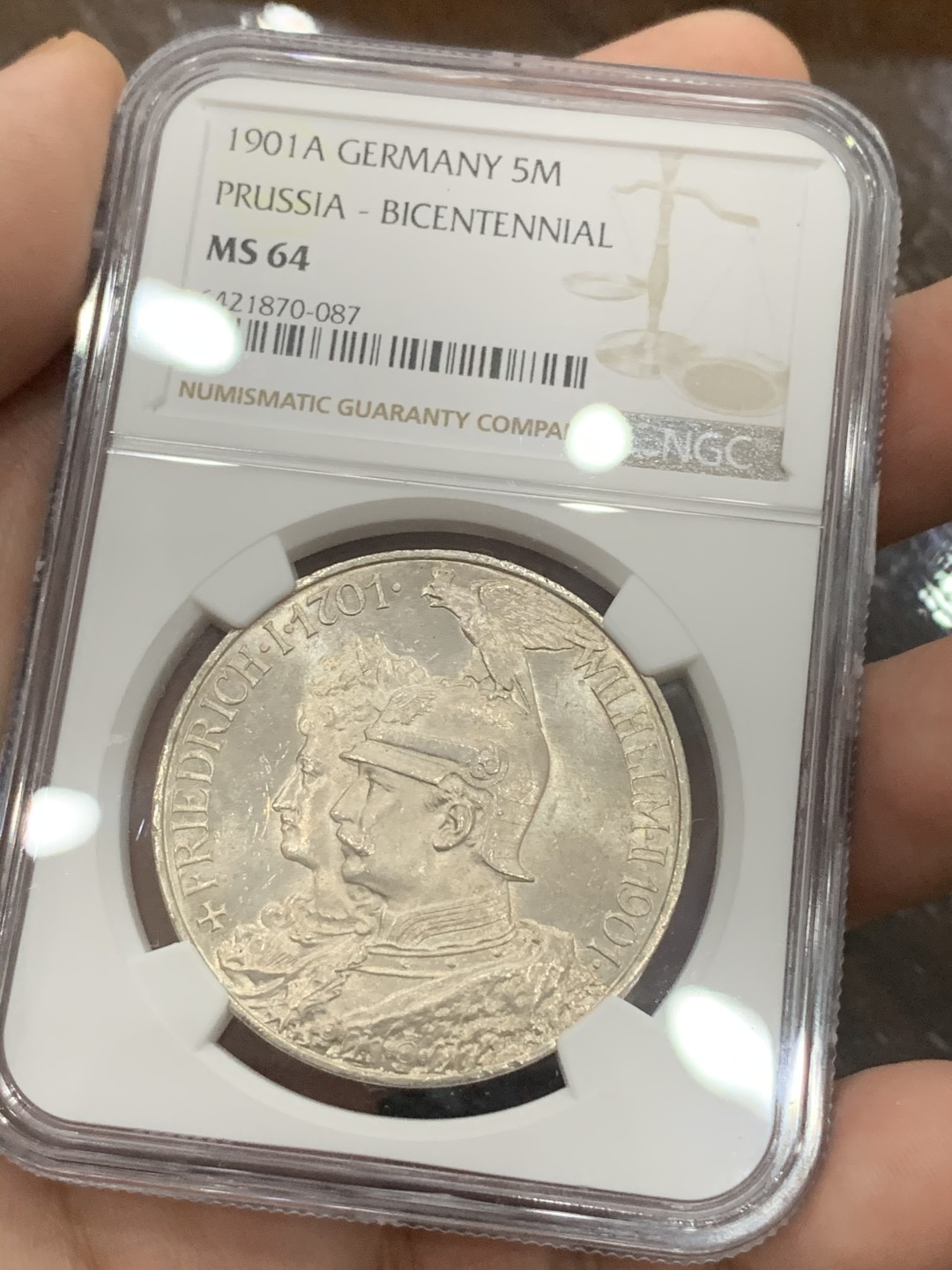 《竞宝斋》第93场-本周日，周一2场连拍（全场不限金额包邮） NGC-MS64 德国普鲁士1901年建国200周年纪念5马克大银币